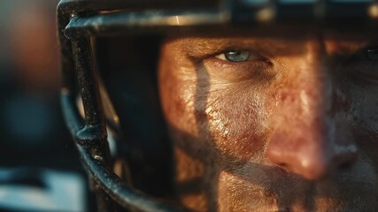 Intense close-up of a football player during a match in late afternoon light highlighting focus and determination