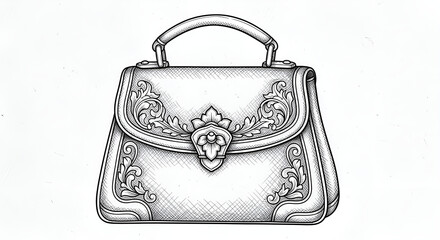 Exquisite vintage handbag sketch with intricate floral details, perfect for fashion design, luxury branding, or timeless elegance concepts, classic style icon