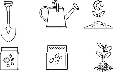 Gardening tools, seed packets, blooming flower, plant growth stages, shovel, watering can, root development, vector line art, black and white