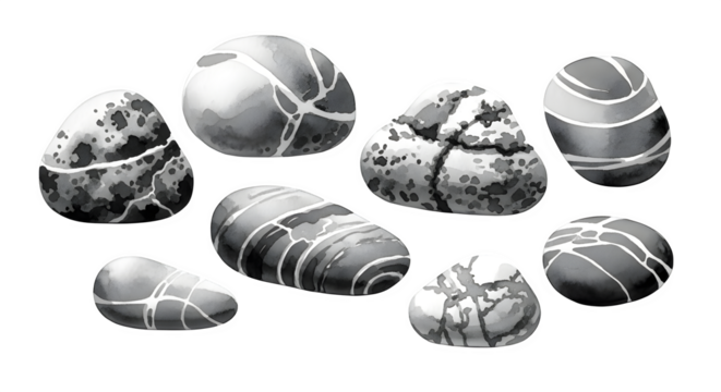 Collection of smooth patterned river stones with white veins isolated on transparent background