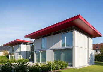 Striking residential architecture with a vibrant red roof contrasting the neutral facade