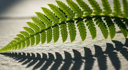 Sunlit fern frond casting elegant shadows on textured surface