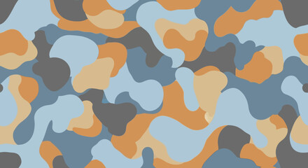 Fototapeta premium Seamless pattern of abstract shapes in blue, orange, and gray