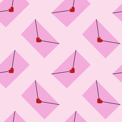 Seamless pattern with envelopes and heart shaped stamp. Hand drawn love letter. Valentine's Day concept.