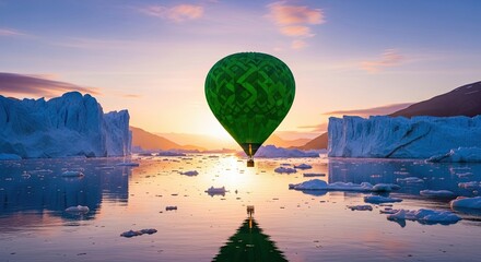 Green Hot Air Balloon Over Icy Arctic Ocean During Sunrise