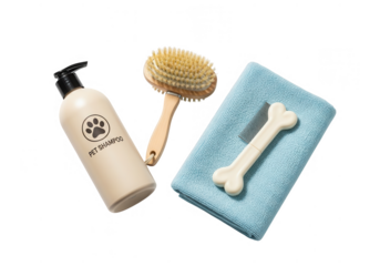 Pet grooming supplies shampoo brush comb and towel isolated on transparent background