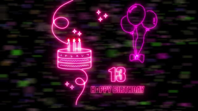 13th age, anniversary Cake with burning candle in happy positive emotions Birthday Celebration Glowing flicker star neon space glittering Screen neon Balloon colorful, confetti congratulation.. 