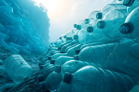 Crushed plastic bottle background in cool cyan tones