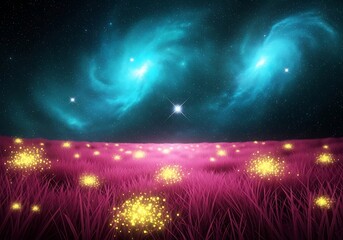 Surreal magenta meadow under celestial aurora borealis night sky