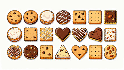 A collection of various cookies, with cartoon hand-drawn vector illustrations, including cream cookies, chocolate cookies, baked cookies, cookies, butter cookies, and sandwich cookies