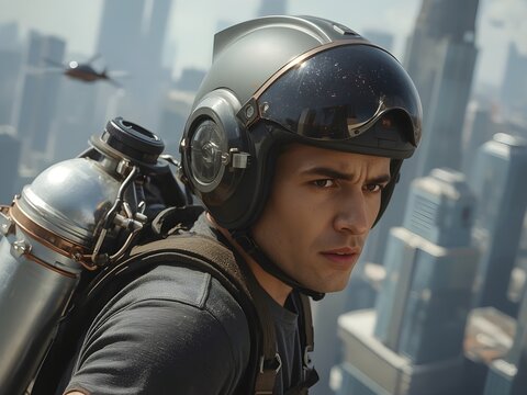 man with futuristic jet pack and helmet in a sci-fi urban cityscape