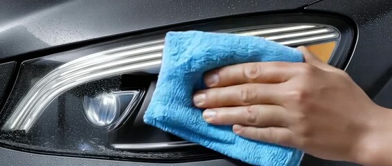 Car headlight cleaning process during the day at a residential driveway using a microfiber cloth for better visibility