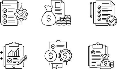 Business icon set, financial planning, investment management, budget analysis, audit checklist, money bag, coins, document, clipboard, certification, approval