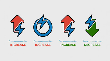 Energy consumption icons set on white background showing blue lightning bolts with red and green arrows indicating power increase and decrease, clean design, modern energy efficiency concept.