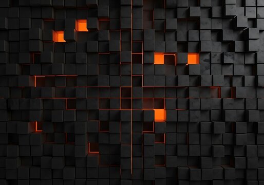 Abstract 3d geometric background with dark cubes and glowing orange light emanating from gaps