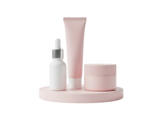 Cosmetic bottles and jar on platform isolated on transparent background