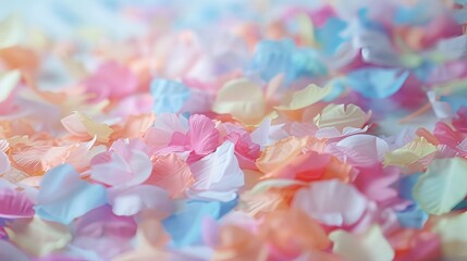 Close-up of scattered pastel flower petals in pink, blue and orange. Soft and gentle romantic background for a wedding or celebration concept