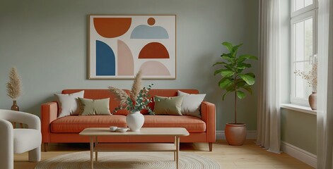 Minimalist living room with burnt orange sofa, abstract wall art, and natural accents — warm, modern space ideal for lifestyle, home decor, and editorial use.