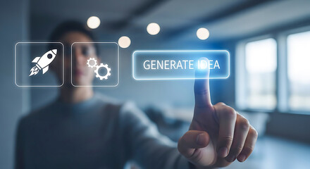 Person Touching "Generate Idea" Button with Rocket and Gears Icons