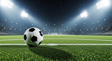 Naklejka premium Soccer ball on green grass field under stadium lights at night