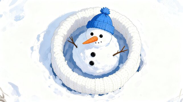 Snowman in Blue Beanie with Knitted Snow Circle in Winter