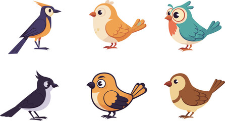 Colorful cartoon birds collection, cute vector illustration of small birds, isolated on white background, flat animal design for children artwork