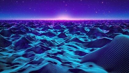 Vibrant neon alien landscape with glowing starry sky and textured terrain, evoking a sense of cosmic exploration and futuristic wonder