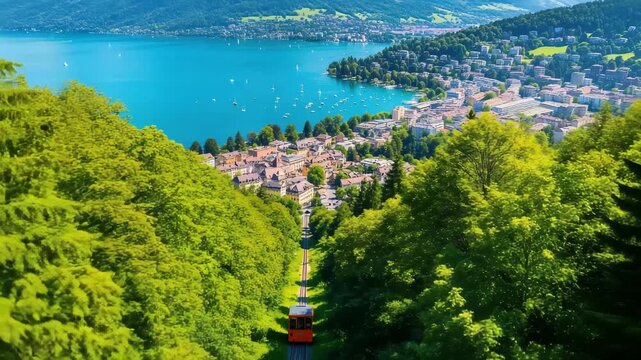 Orange funicular descends through lush green trees towards a vibrant lakeside town with sailboats, 4k high quality