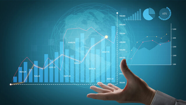 A business hand showcases financial growth through interactive data visualization, highlighting charts and graphs in a modern digital economy context. Scalp
