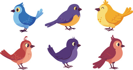 Colorful cartoon birds collection, cute vector illustration of different birds, isolated on white background, flat design animal characters for children, artwork