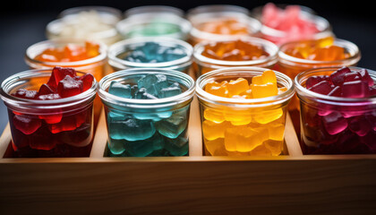 Vibrant gummy bears in glass jars showcase a rainbow of delicious fruity flavors perfect for celebrations and treats