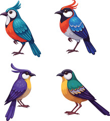 Colorful cartoon bird illustration set, tropical and forest exotic birds collection, cute wildlife characters for digital art and design
