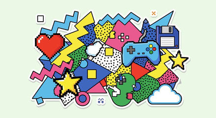 Retro gaming elements collection with transparent background