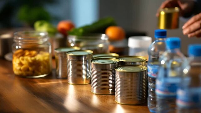 Softly lit close-up of hands sorting canned goods and bottled water on a wooden table, everything slightly out of focus to highlight calm teamwork, with copy space.