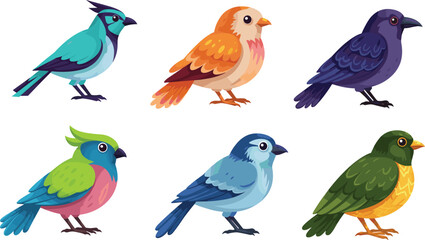 Colorful cartoon bird collection, tropical and forest birds illustration, cute exotic wildlife character set for children and digital art