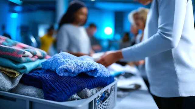 Defocused background of volunteers folding blankets and clothes into boxes, calm blue tones emphasizing compassion, with copy space.