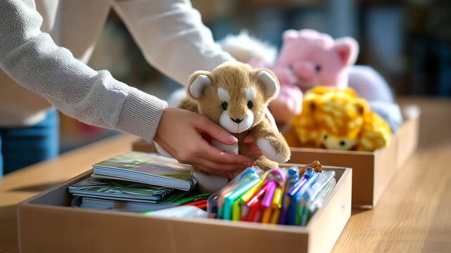 Hands of a volunteer placing a plush toy next to notebooks and crayons in a donation box, soft focus and warm pastel tones, with copy space.