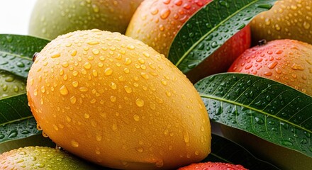 Ripe Mangoes With Water Droplets And Green Leaves