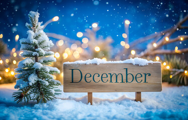wooden december sign sits the snow