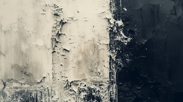 Black and white abstract art background. Close-up of cracked and peeling paint texture. Grunge style weathered wall surface
