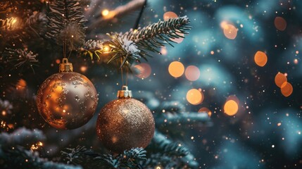 Golden Christmas ornaments hanging on a snow-covered fir tree branch. Festive holiday background with glowing lights and bokeh effect