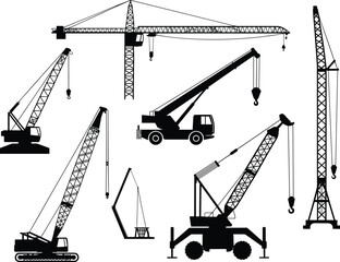 Construction cranes silhouette set, tower crane, crawler crane, mobile crane, industrial lifting equipment, heavy machinery, engineering, infrastructure, barge crane