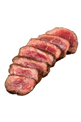 Grilled beef slices isolated on transparent background.