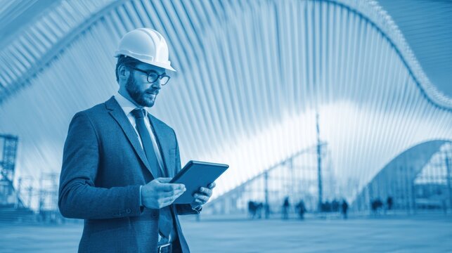 Engineer Reviews Digital Plans While Standing Near a Modern Architectural Structure in a Dynamic Urban Setting
