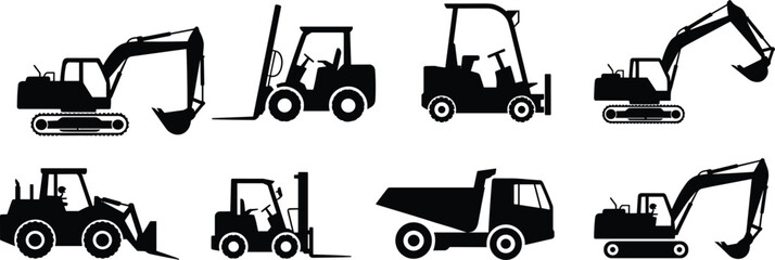 Construction vehicles, excavator, forklift, backhoe loader, dump truck, silhouette, heavy machinery, industrial equipment, black icons, engineering, transportation,