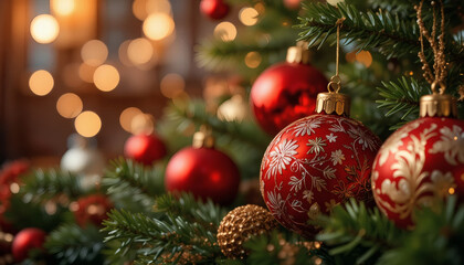 Fototapeta premium Christmas background with red and gold ornaments, pine branches, and bokeh lights, festive mood