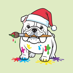Cute Christmas Bulldog painting with brush and color vector art illustration,2