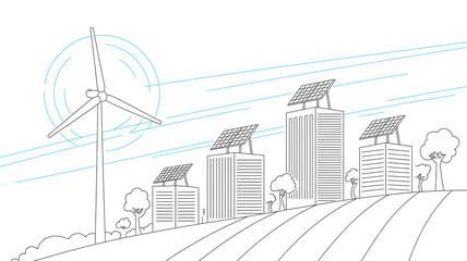 Minimalist line art eco-friendly cityscape with solar panels, wind turbine, geometric buildings, trees, modern design, black lines, white background, light blue accents, sustainable architecture.