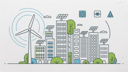 Minimalist line art eco-friendly cityscape with solar panels, wind turbine, geometric buildings, trees, modern design, black lines, white background, light blue accents, sustainable architecture.
