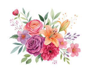 Beautiful watercolor summer flowers vector illustration with colorful floral bouquet arrangement, hand painted artistic blossom decoration, wedding invitation, greeting card design,